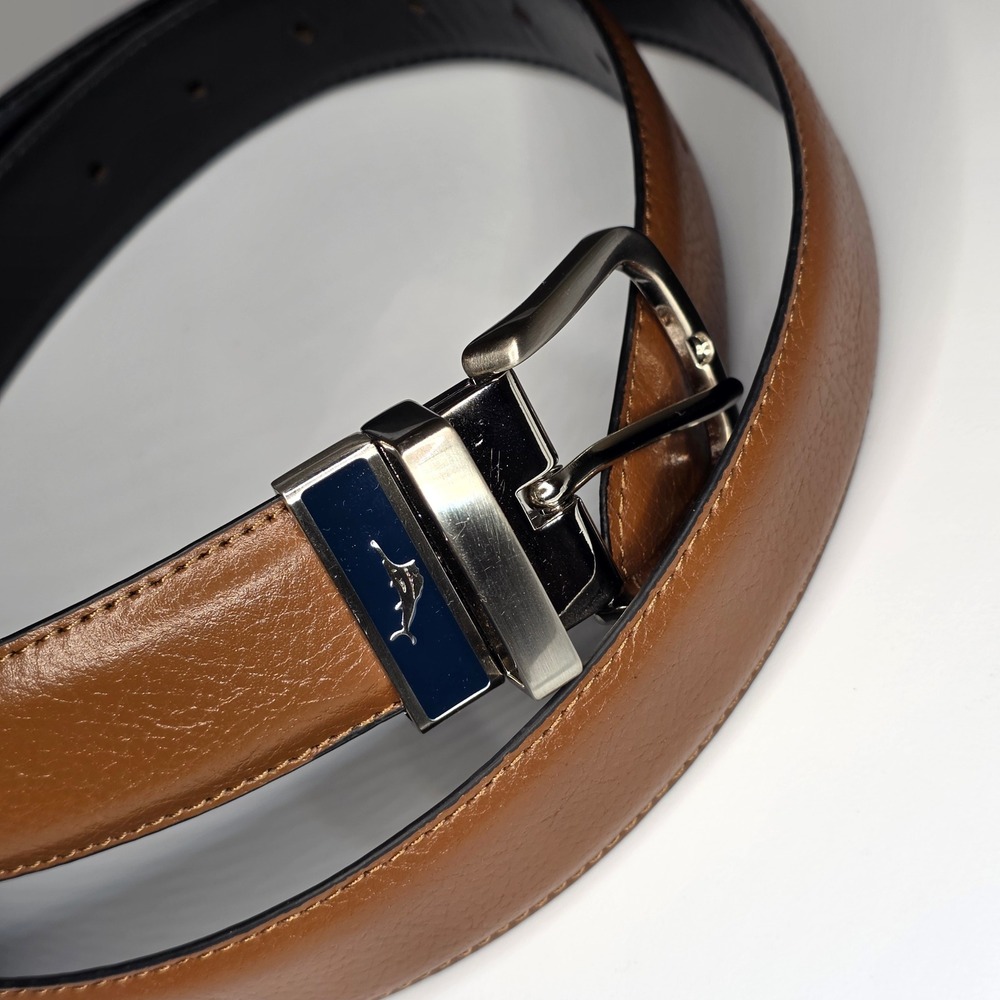 Tommy Bahama Mens 38 Leather Reversible Belt Brown Black Silver Buckle - Picture 3 of 9